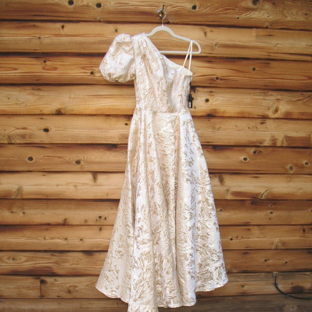 Mac Duggal Brocade One Shoulder Floral Dress Pockets